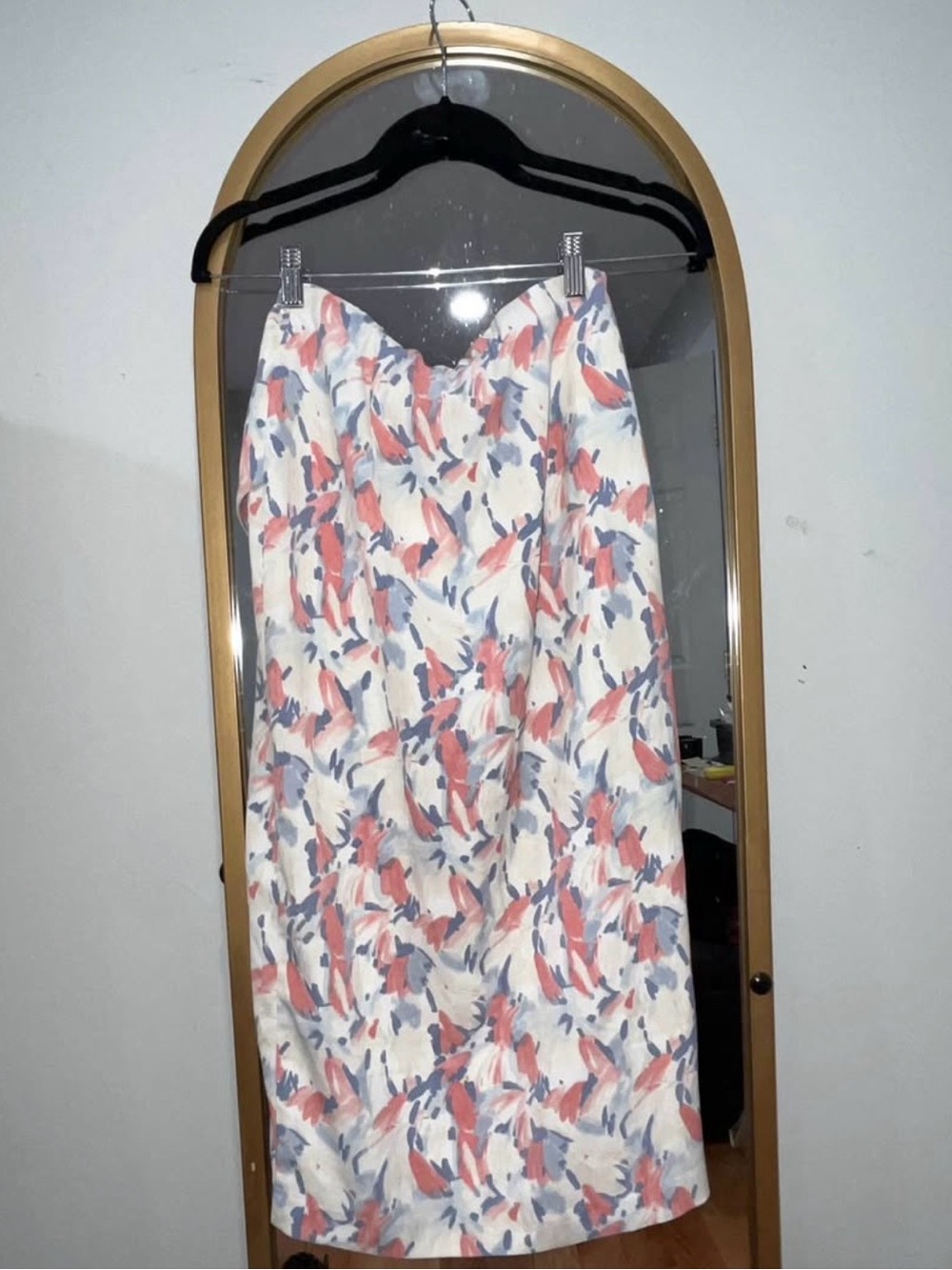 NWT Abercrombie & Fitch Cream Midi Skirt with Coral & Blue Brushstroke Print